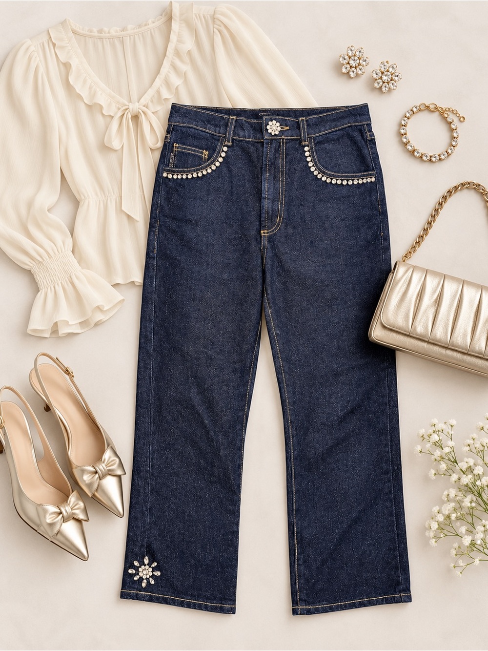 Karen Kane Instyle Rhinestone Embellished Dark Wash Cropped Jeans